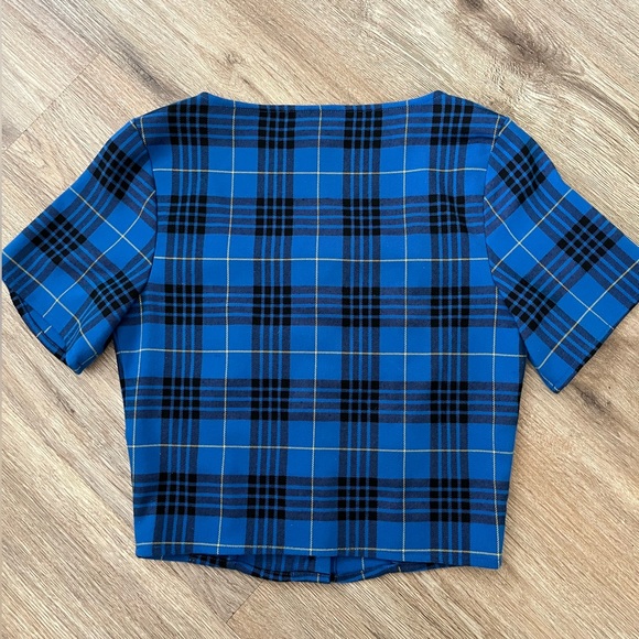 Size in Extra Small. Blue Checkered Crop Top with a Square Neckline. - Picture 2 of 5